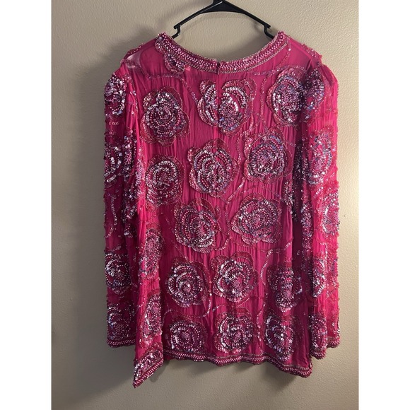 Nite Lime Pink Sequin Beaded Embellished Long Sleeve Party Top - Picture 3 of 4